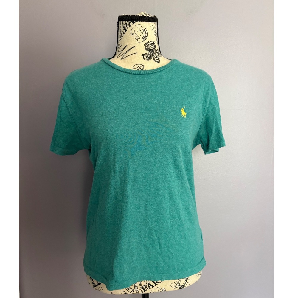 Polo Ralph Lauren Womens Teal Green Heathered Crewneck T-Shirt‎ Yellow Pony XS